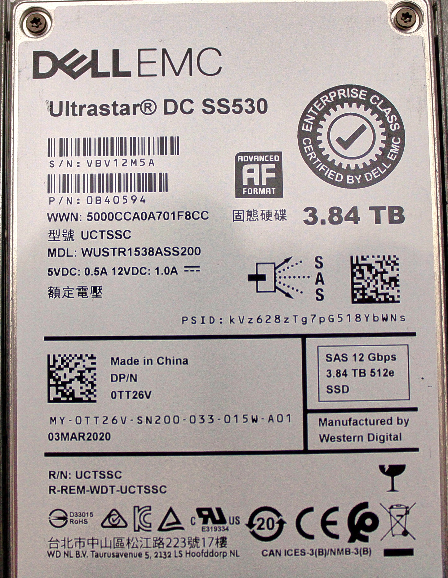 Dell TT26V-CML 3.84TB SSD SAS 2.5 12G RI WUSTR1538ASS200 SS530 CML, Used