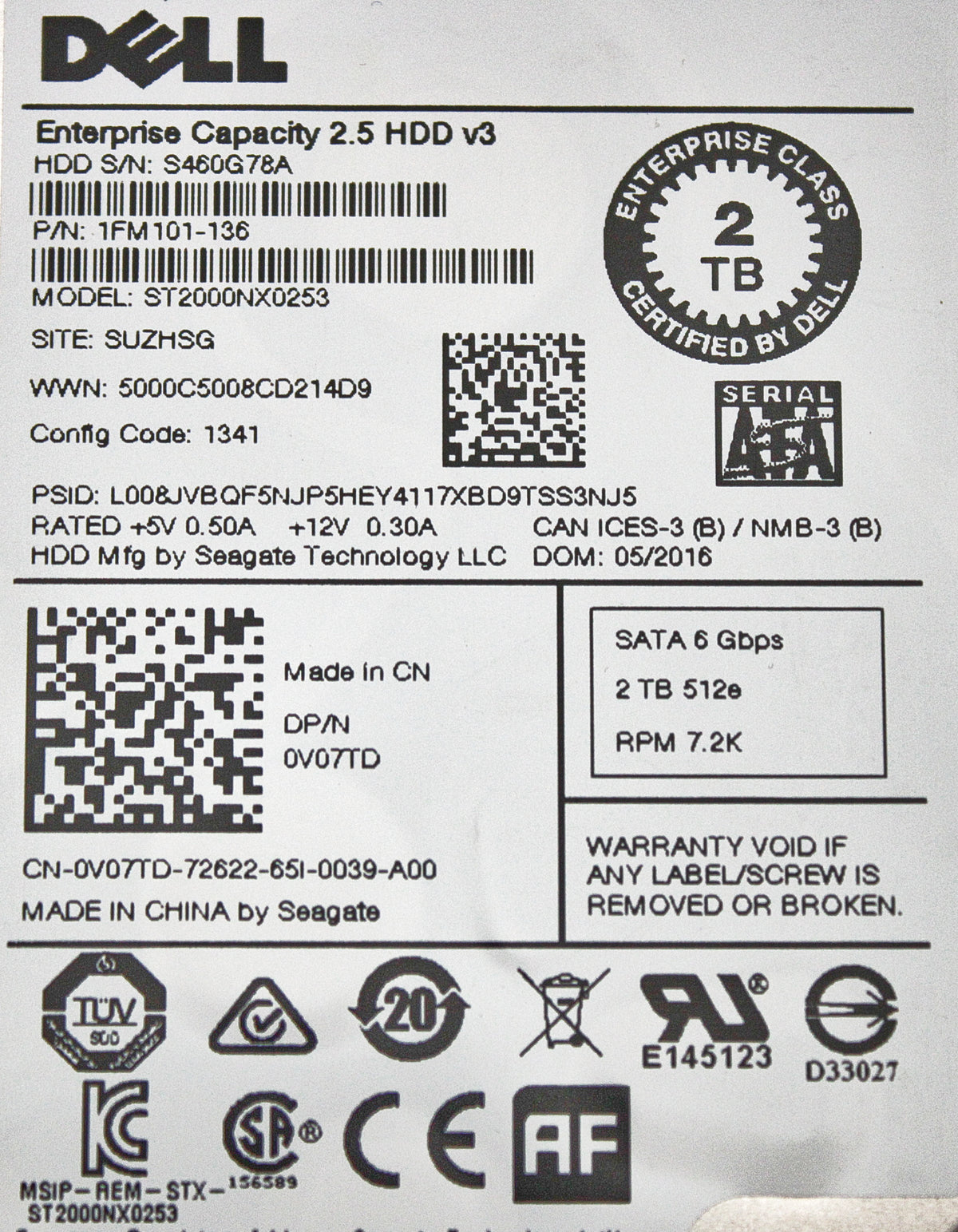 Dell V07TD 2TB 7.2K SATA 2.5 6G ST2000NX0253 / 1FM101-136, Used
