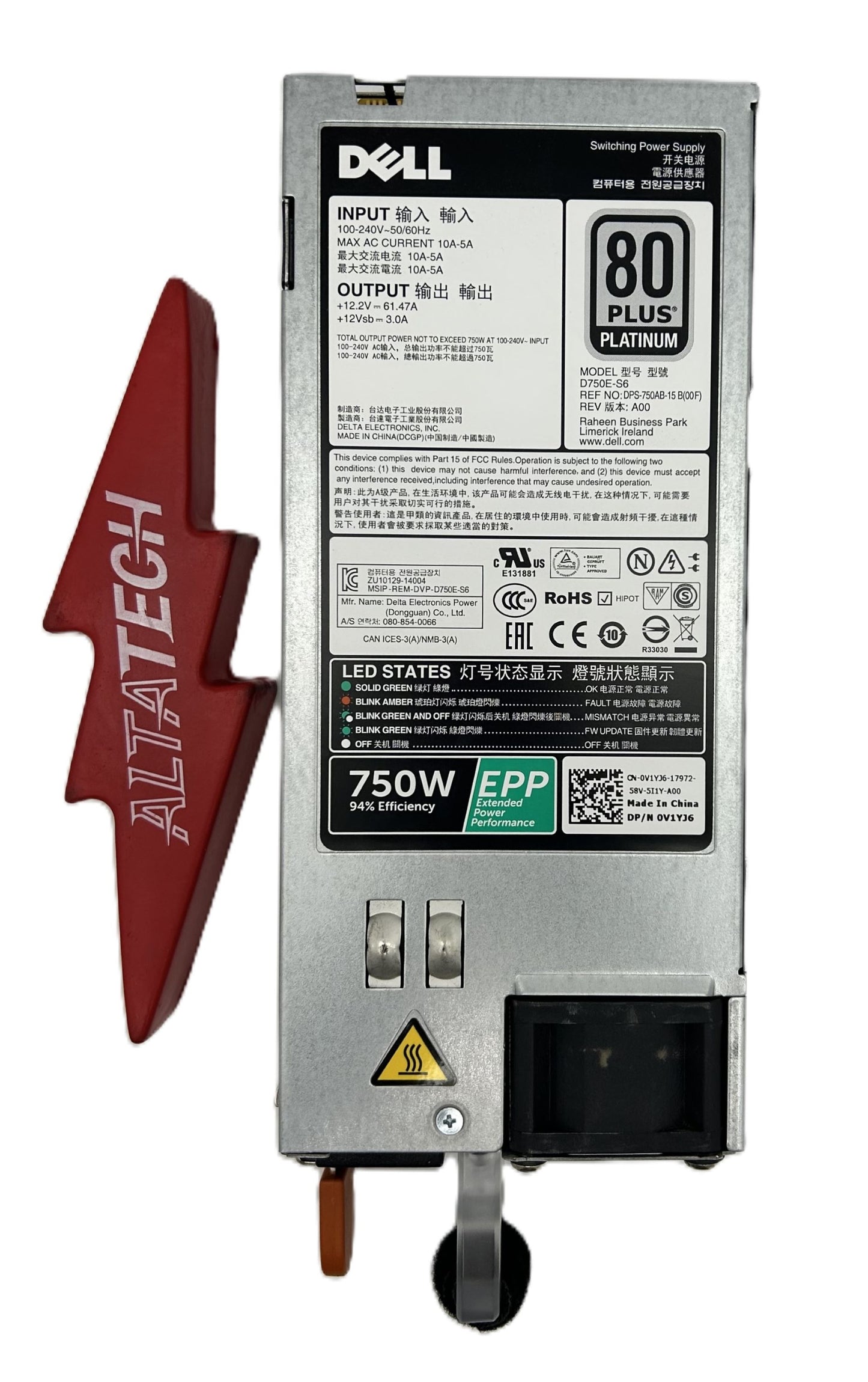 Dell V1YJ6 750W POWER SUPPLY EPP PLAT D750E-S6 80+ R730, Used