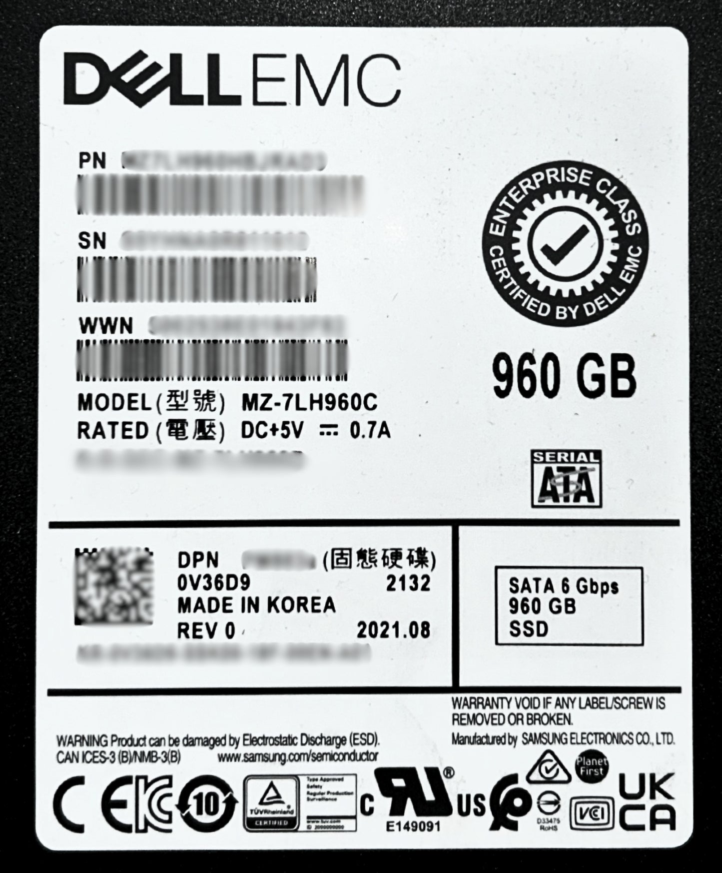 Dell V36D9 960GB SSD 2.5 SATA 6G RI MZ7LH960HBJRAD3, Used