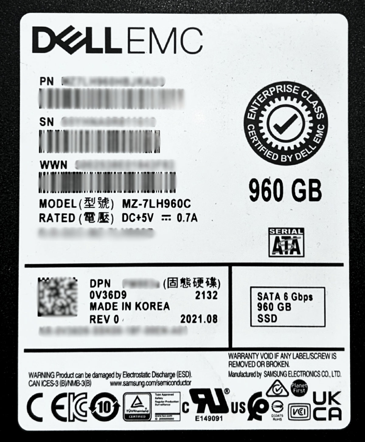 Dell V36D9 960GB SSD 2.5 SATA 6G RI MZ7LH960HBJRAD3, Used