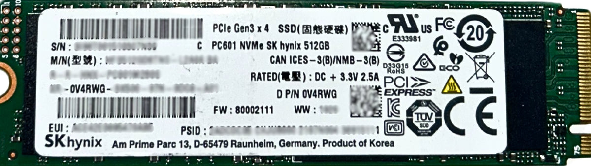 Dell V4RWG 512GB SSD M.2 NVME G3 2280 PC601 (1, Used