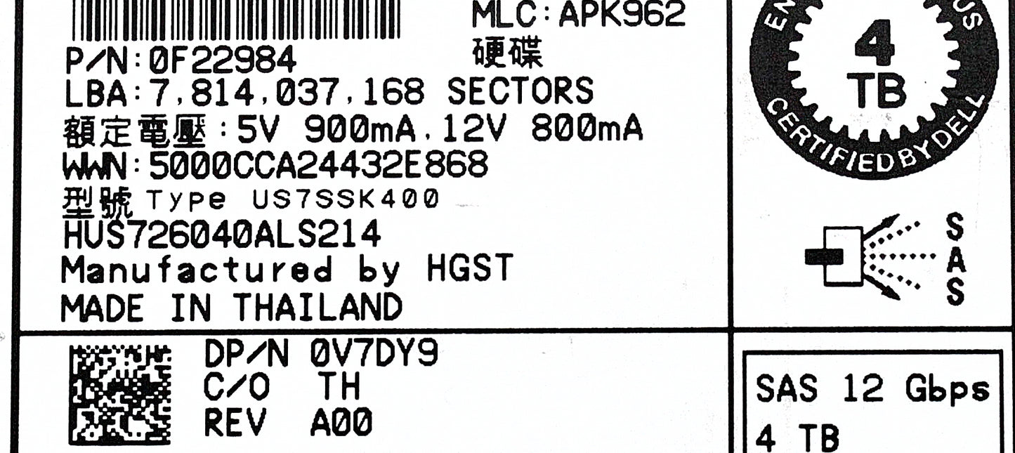 Dell V7DY9-CML 4TB 7.2K SAS 3.5 12G HDD, Used