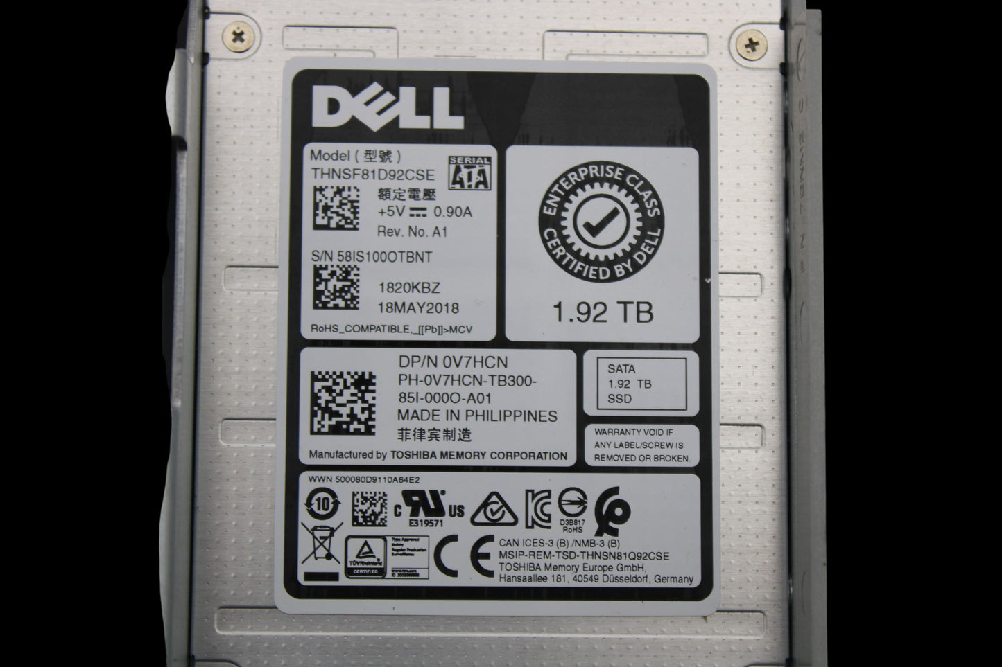 Dell V7HCN 1.92TB SSD SATA 3.5 Hybrid 6G RI, Used