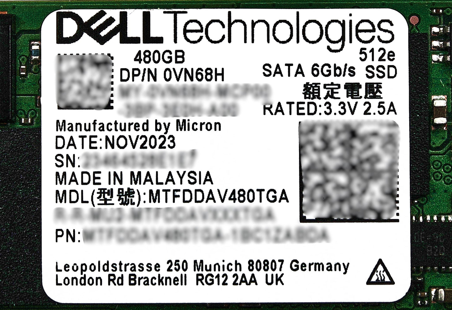 Dell VN68H 480GB SSD SATA M.2 Boss (2280), Used