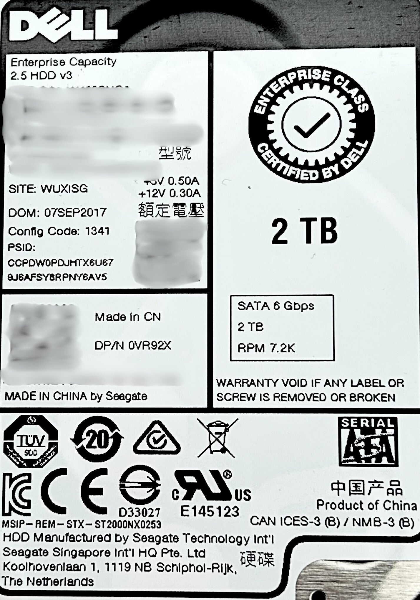 Dell VR92X 2TB 7.2K SATA 2.5 Inch 6G ST2000NX0423 / 1VD130-135, Used