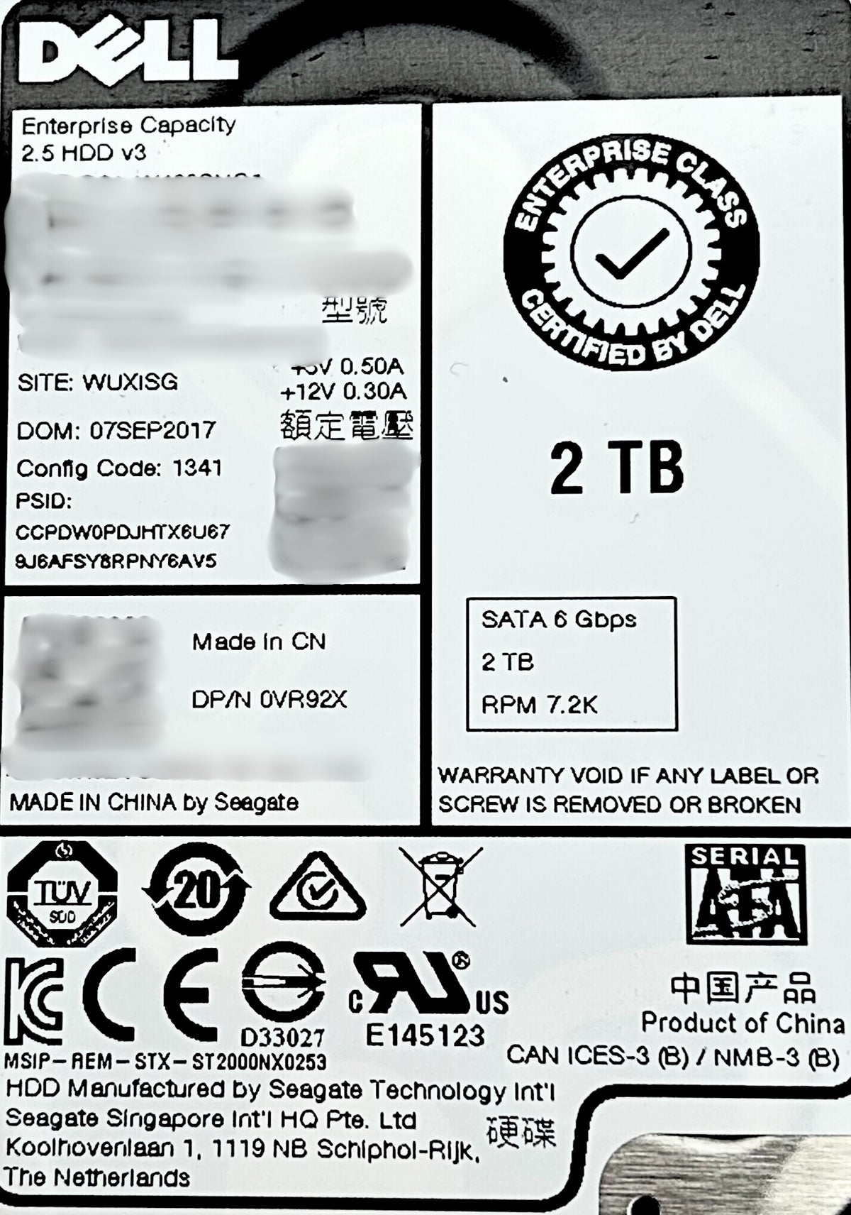 Dell VR92X 2TB 7.2K SATA 2.5 Inch 6G ST2000NX0423 / 1VD130-135, Used