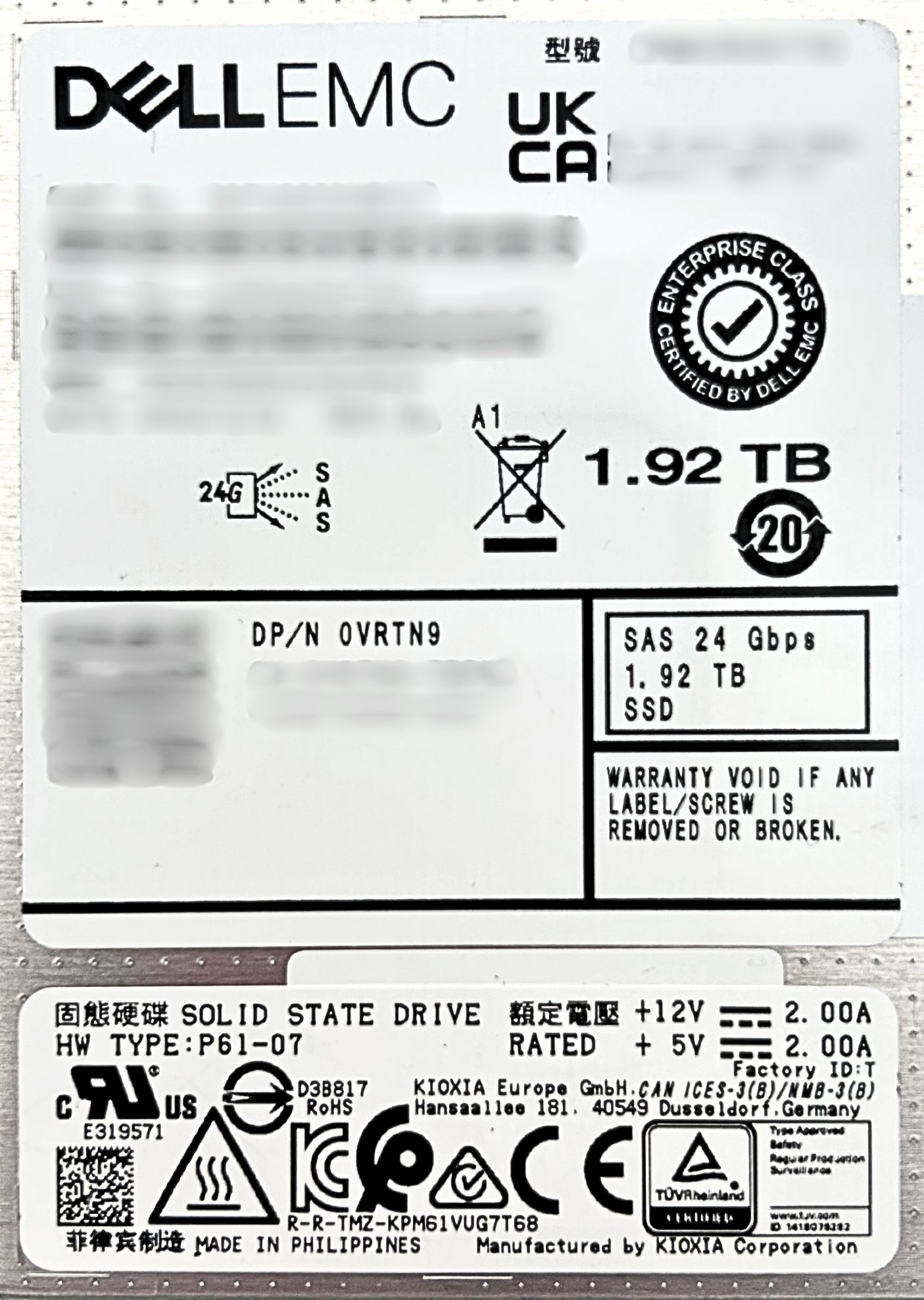 Dell VRTN9 1.92TB SSD SAS 2.5 24G RI PM6-R KPM6XRUG1T92 ME4/5, Used