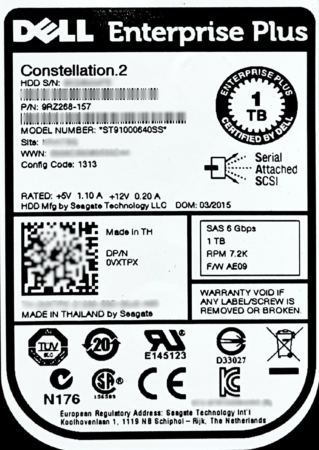 Dell VXTPX-CML Compellent 1TB 7.2K SAS 2.5 6G, Used