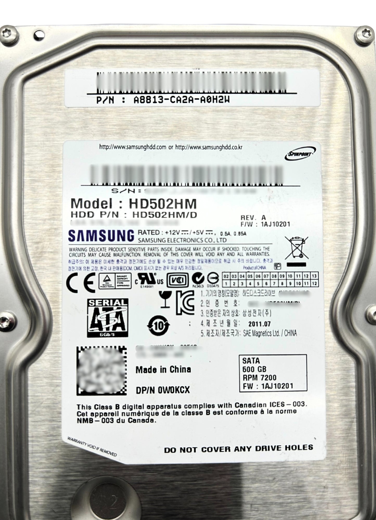 Dell W0KCX 500GB 7.2K SATA 3.5 6G SAMSUNG, Used