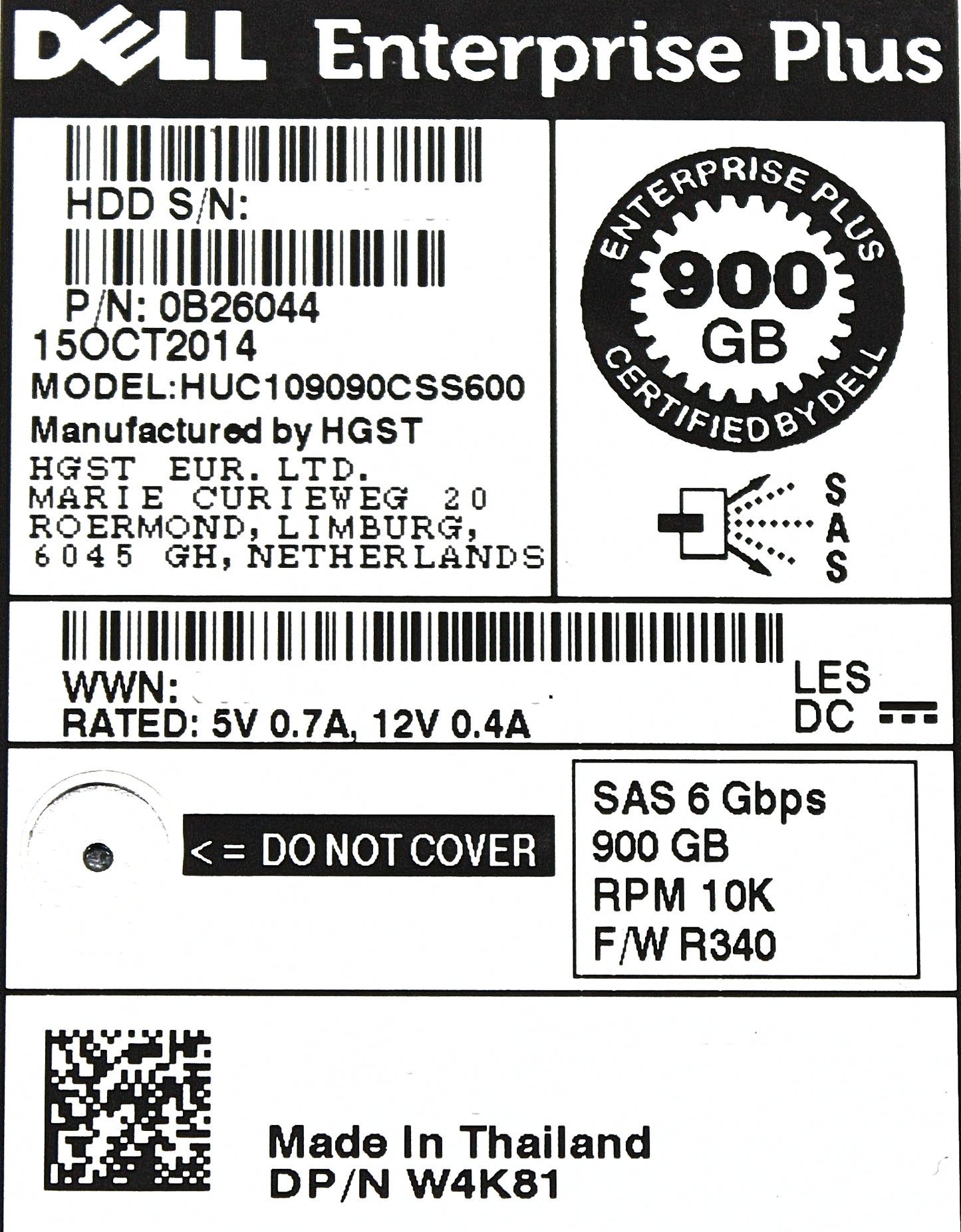 Dell W4K81-CML 900GB 10K SAS 2.5 6G HUC109090CSS600 / 0B26044 EP+, Used