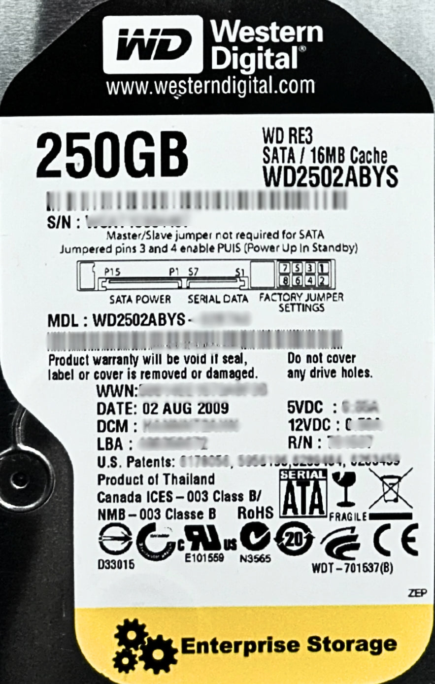 Dell WD2502ABYS 250GB 7.2K SATA 3.5 EP HDD, Used