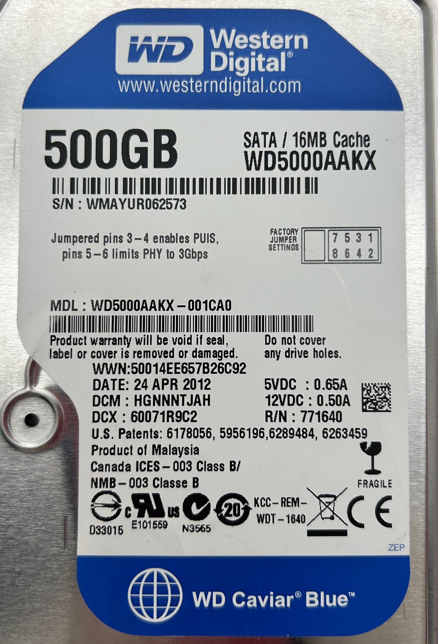 Dell WD5000AAKX 500GB 7.2K SATA 3.5 6G 512E WD HDD, Used