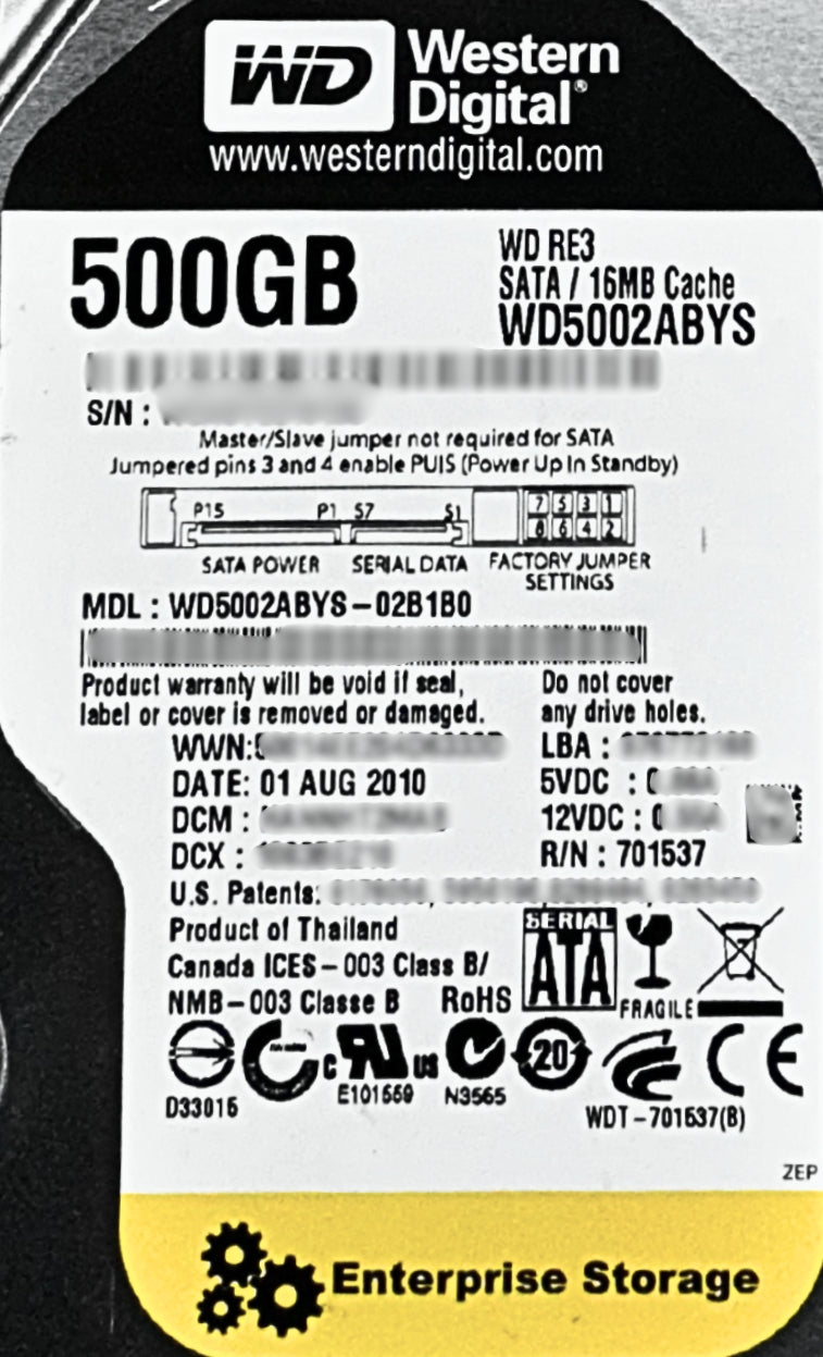 Dell WD5002ABYS 500GB 7.2K SATA 3.5 3G WD HDD, Used