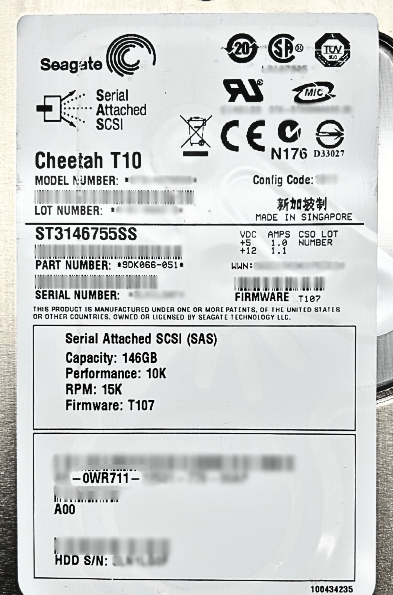 Dell WR711 146GB 10K SAS 3.5 3G HDD, Used