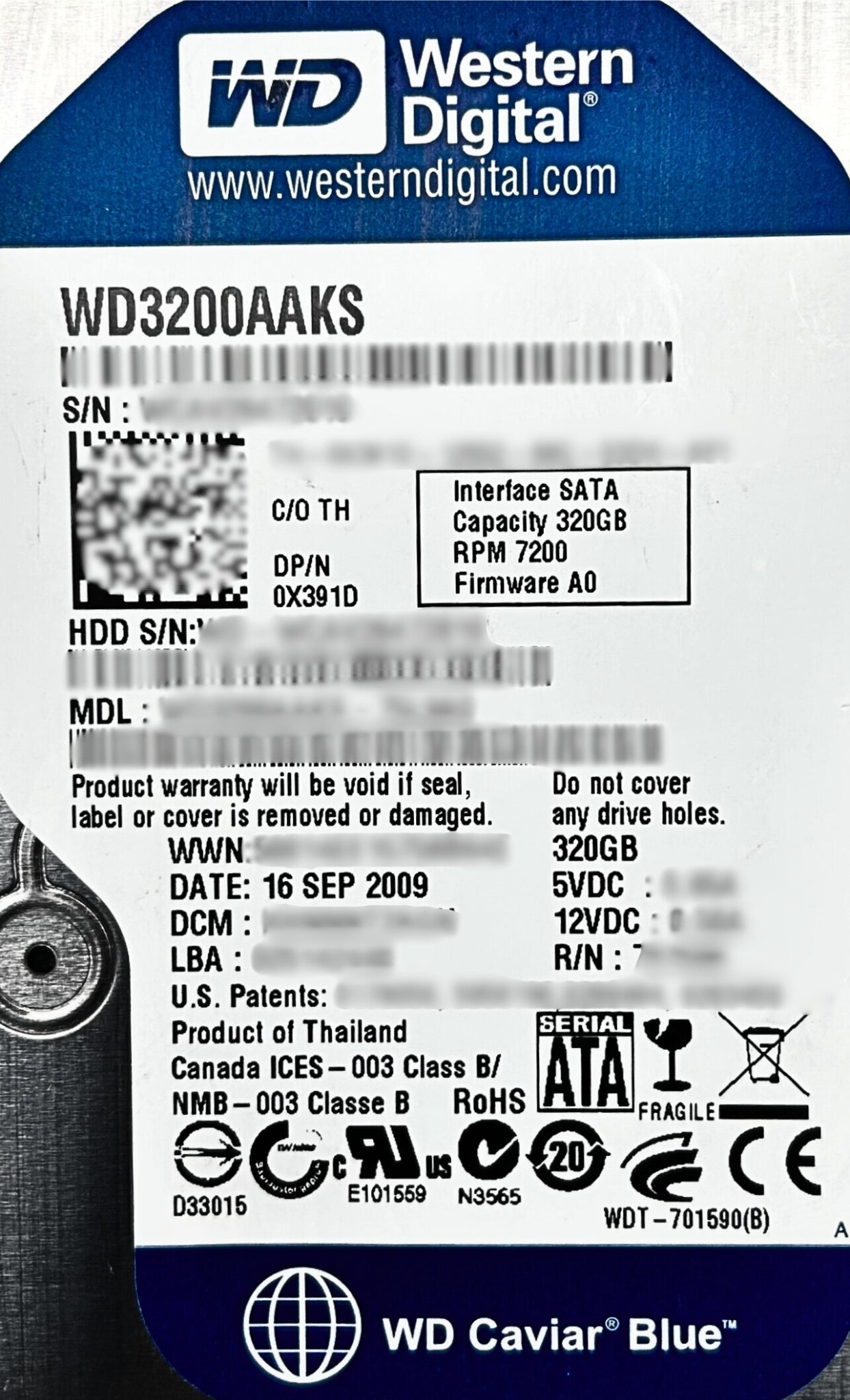 Dell X391D 320GB 7.2K SATA 3.5 3G WD3200AAKS, Used