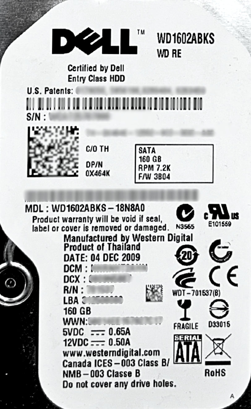 Dell X464K 160GB 7.2K SATA 3.5 3G HDD, Used