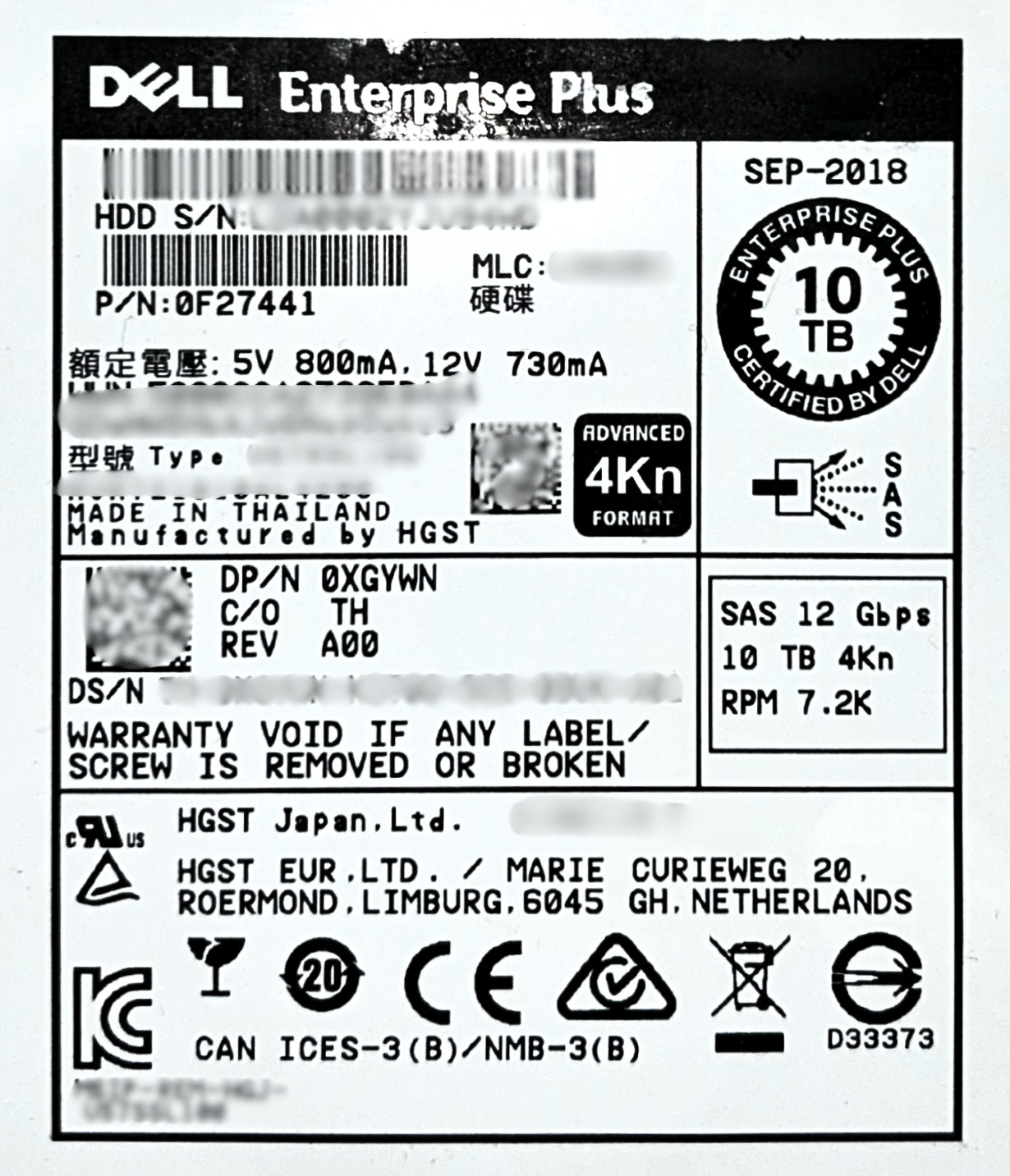 Dell XGYWN_NOB 10TB 7.2K SAS 3.5 12G 4K HUH721010AL4200 / 0F27441 EP+ CML, Used
