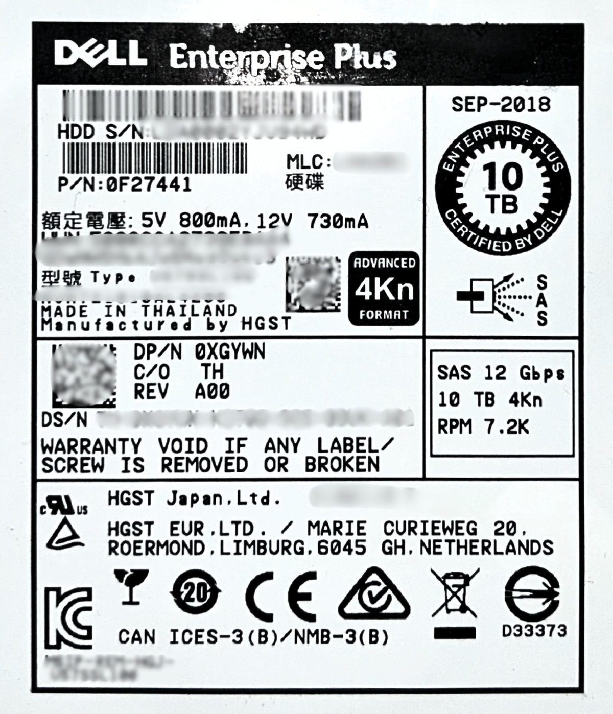 Dell XGYWN_NOB 10TB 7.2K SAS 3.5 12G 4K HUH721010AL4200 / 0F27441 EP+ CML, Used