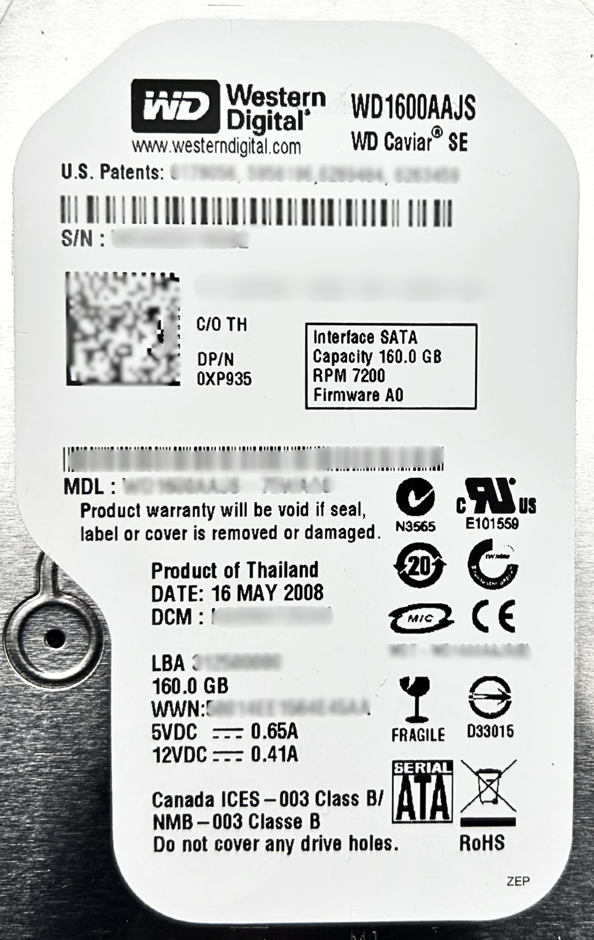 Dell XP935 160GB 7.2K SATA 3.5" HDD, Used