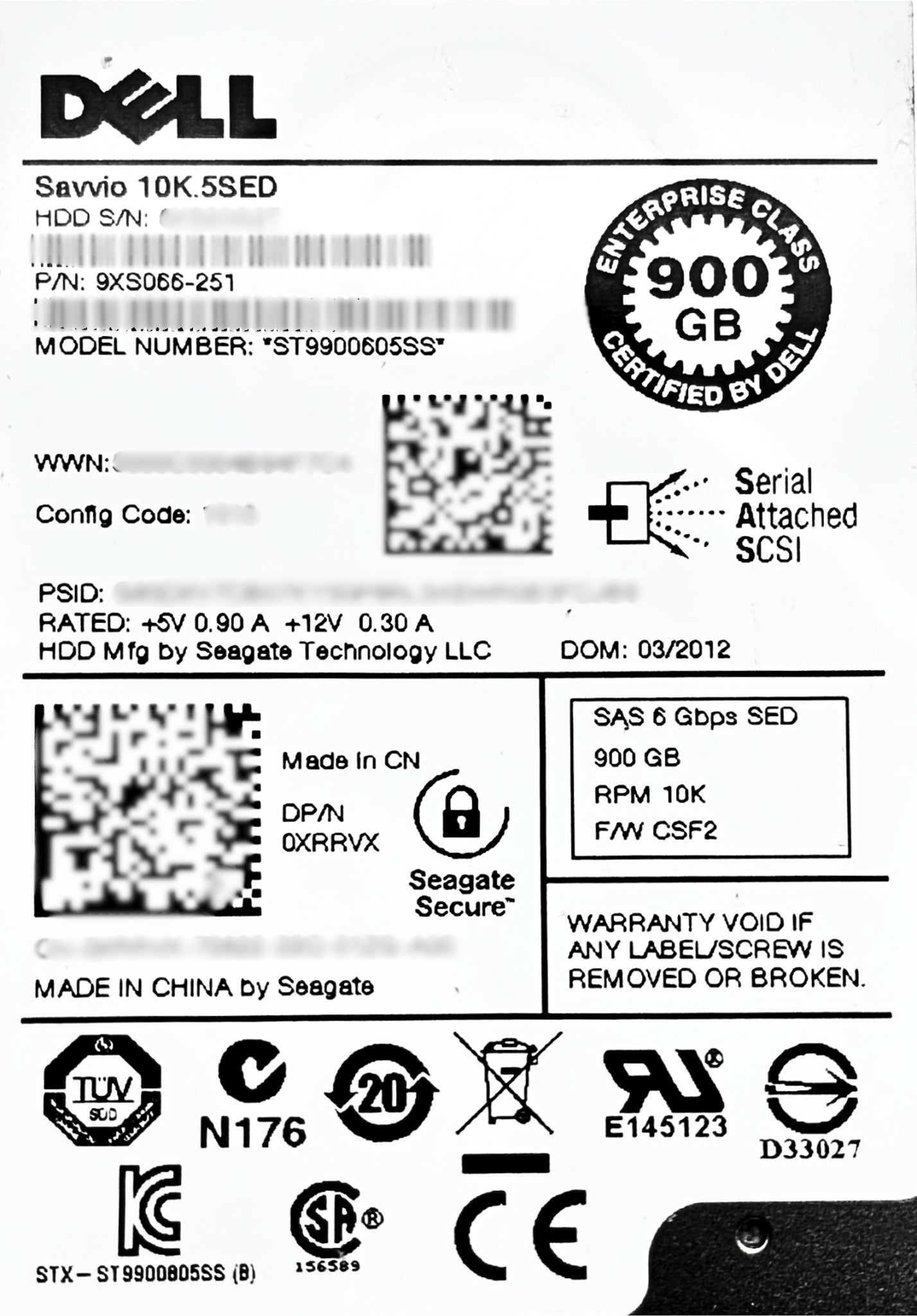 Dell XRRVX 900GB 10K SAS 2.5 SED ST9900605SS, Used