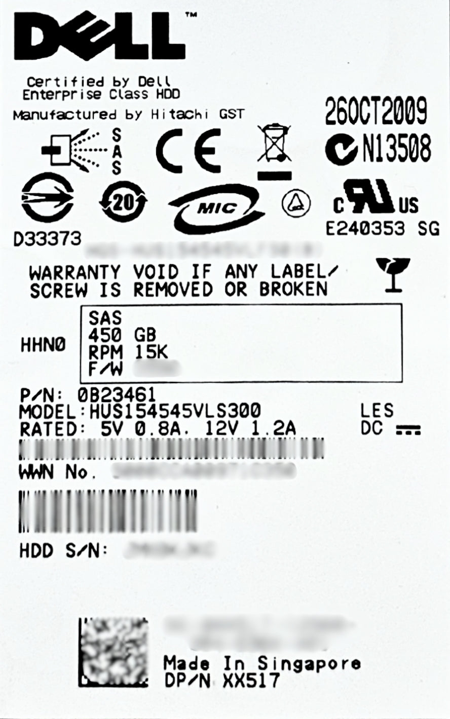 Dell XX517 450GB 15K SAS 3.5 3G HDD, Used