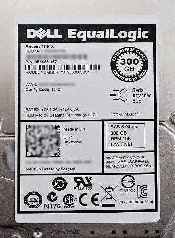 Dell XYXWW Equallogic 300GB 10K SAS 2.5" 6G, Used
