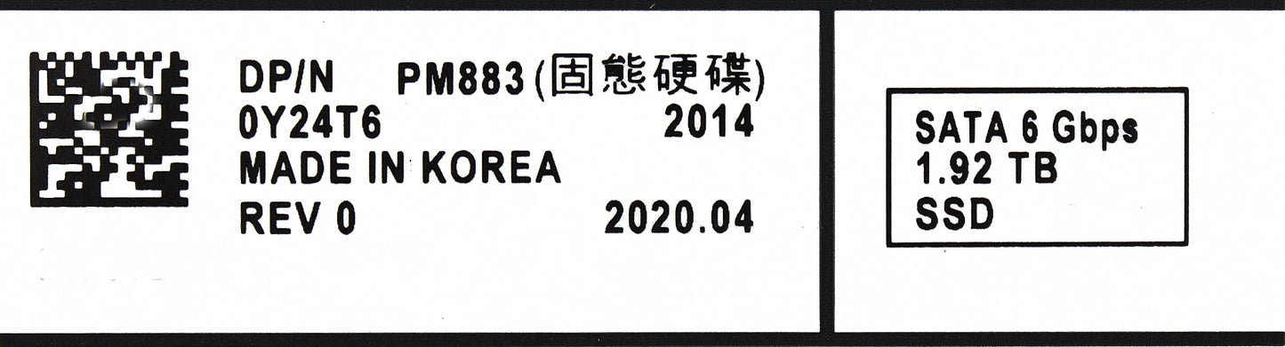 Dell Y24T6 1.92TB SSD SATA 2.5 6G RI PM883 MZ7LH1T9HMLT0D3 / MZ-7LH1T9A, Used