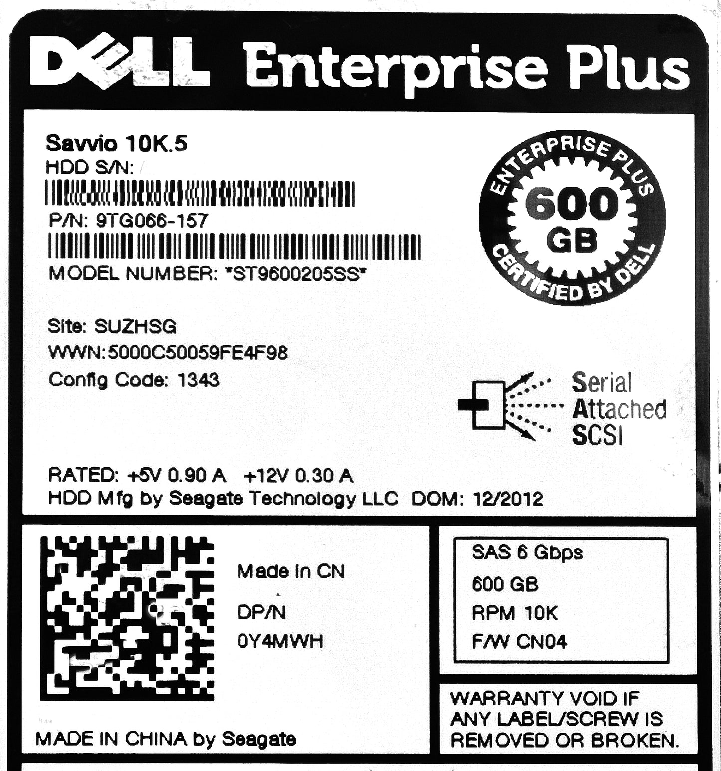 Dell Y4MWH-EQL 600GB 10K SAS 2.5 6G EQL HDD, Used