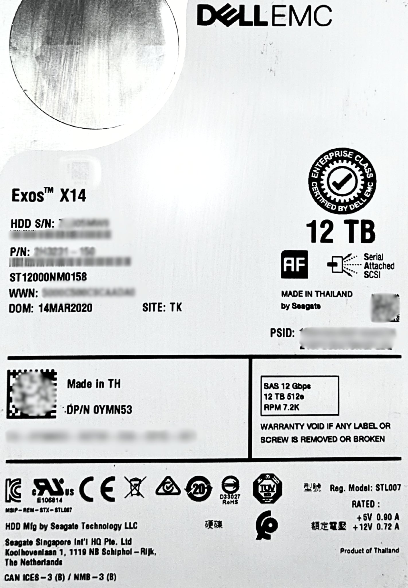 Dell YMN53 12TB 7.2K SAS 3.5 12G ST12000NM0158 / 2H3231-150 ME4xxx, Used