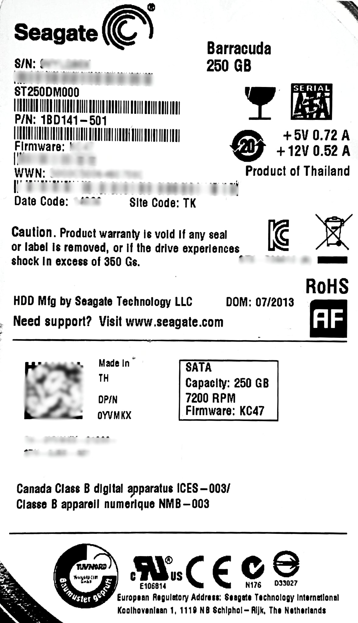 Dell YVMKX 250GB 7.2K SATA 3.5 6G 512E NCQ  ST250DM000 1BD141-501, Used
