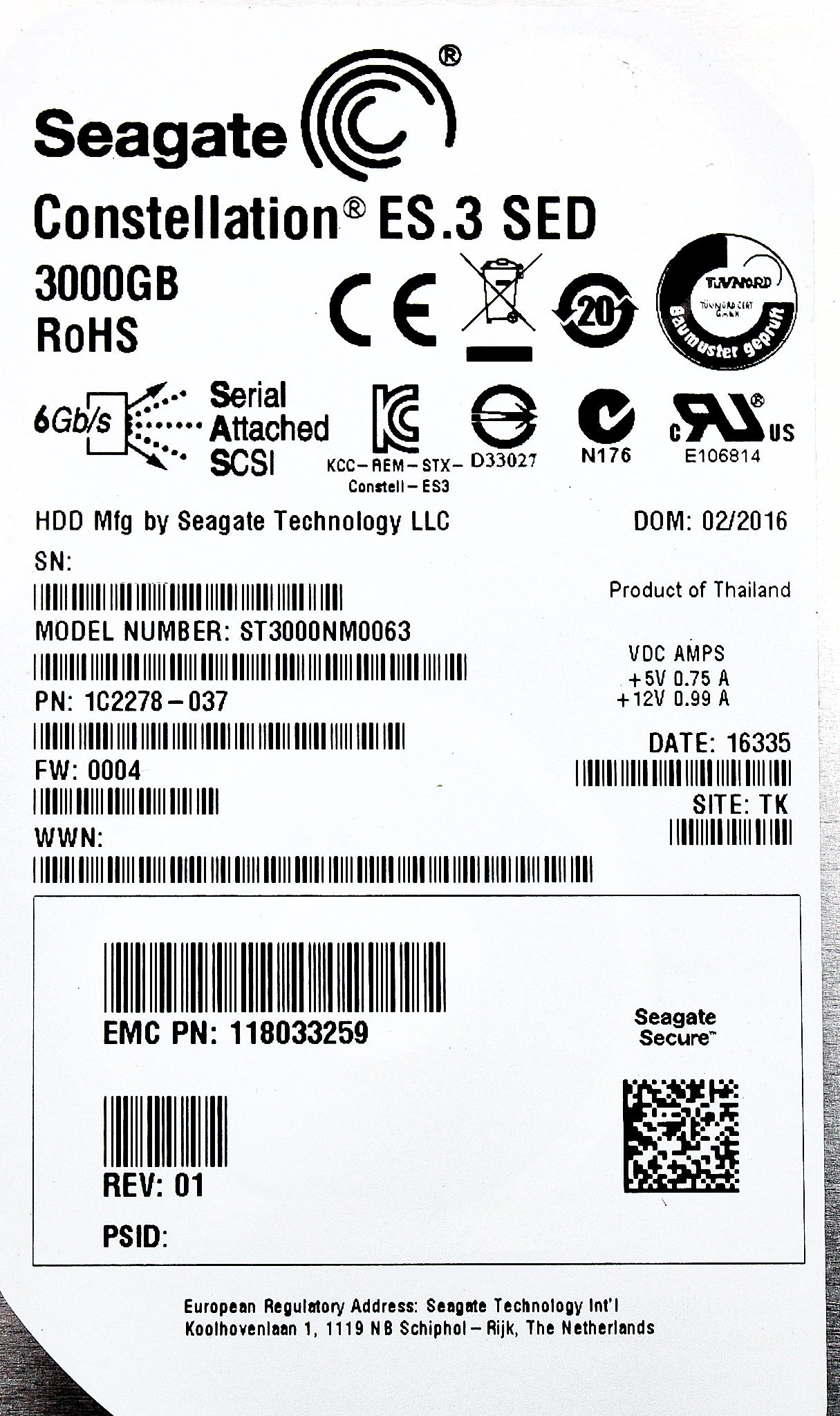 EMC 1C2278-037-ISILON 3TB 7.2K SAS 3.5 6G SED ISILON, Used