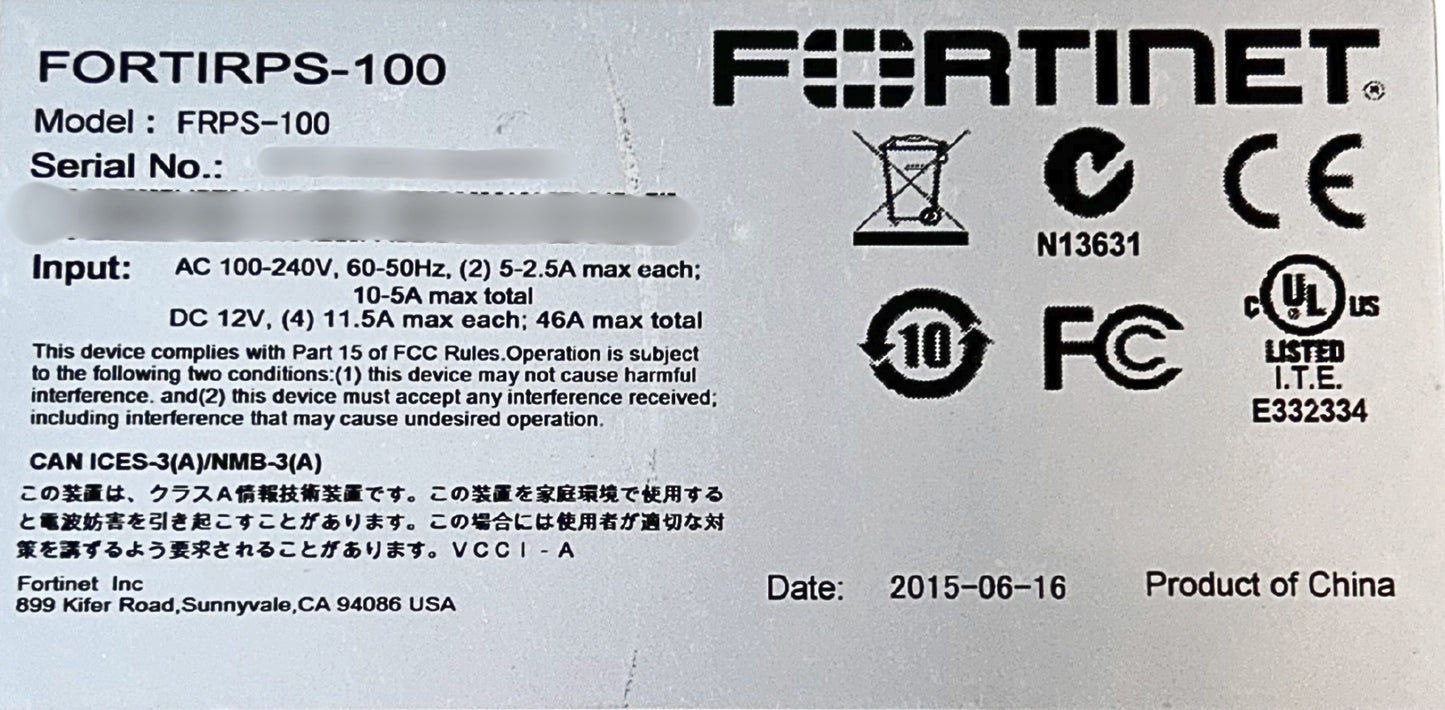 Fortinet FORTIRPS100 Fortinet FortiRPS 100 FRPS-100 Uninterruptible Power Supply, Used