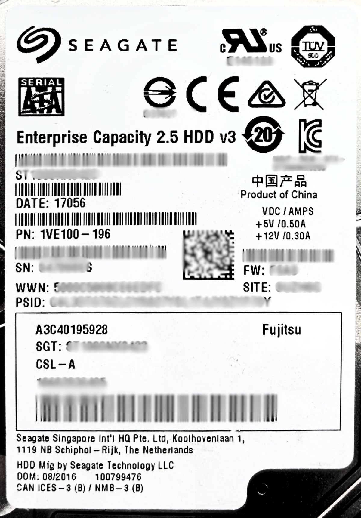 Fujitsu A3C40195928 1TB 7.2K SATA 2.5 6G HDD, Used