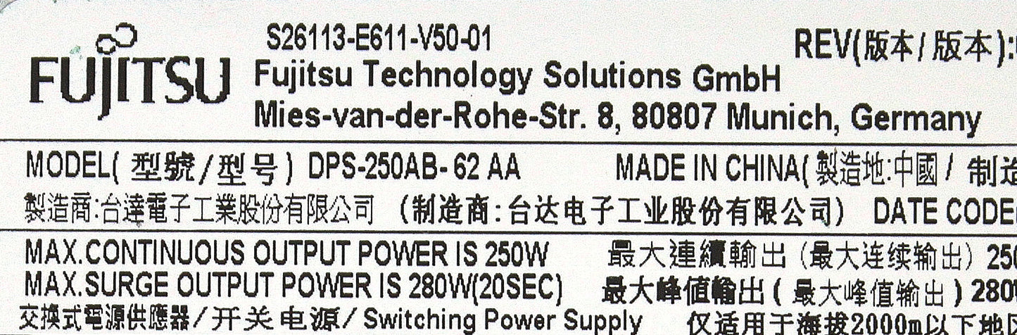 Fujitsu DPS-250AB-62 AA 250W Power Supply ESPRIMO E710 E85+, Used
