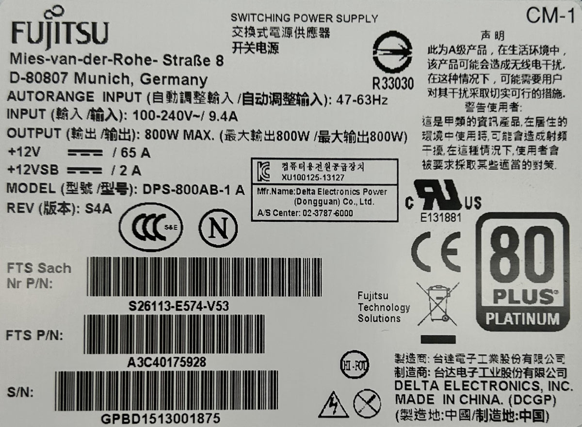 Fujitsu S26113-E574-V53 800W Power Supply for RX2530 M1, Used