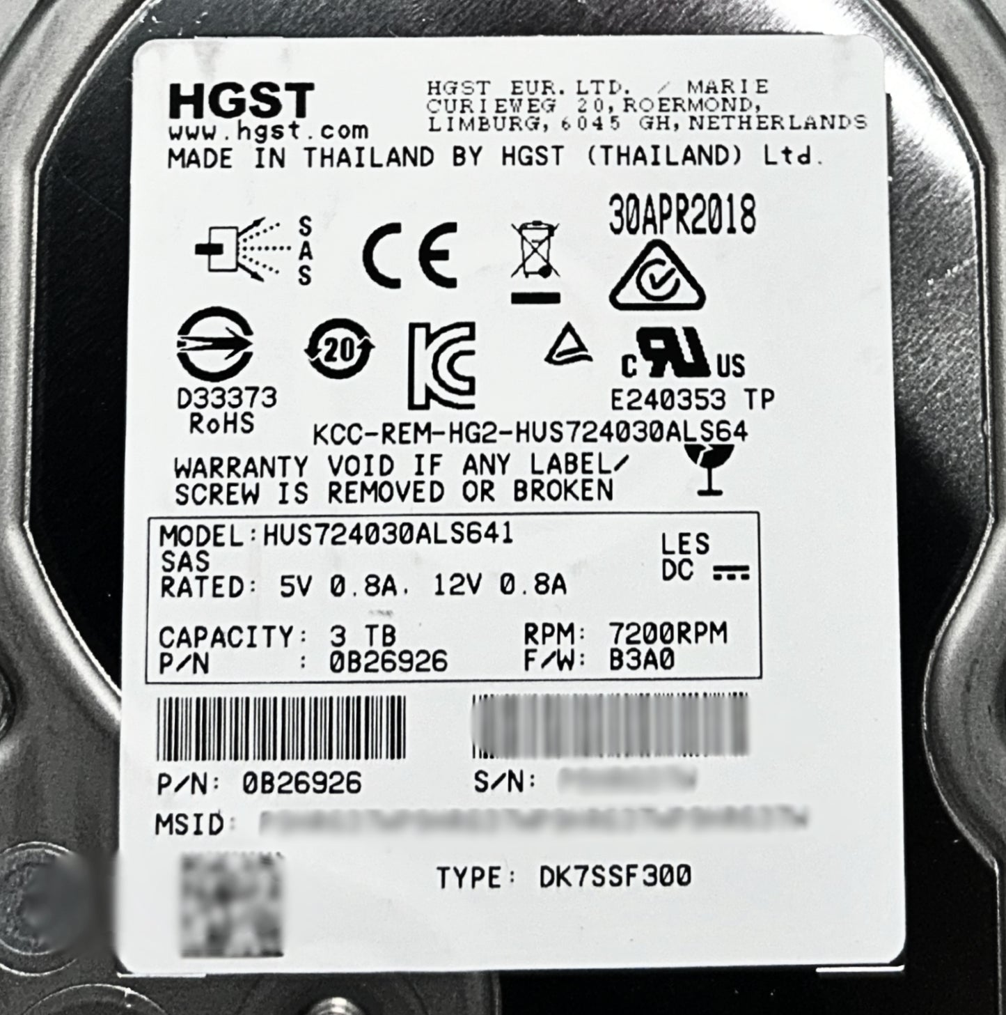 Hitachi 0B26926 3TB 7.2K SAS 3.5 6G HUS724030ALS64, Used