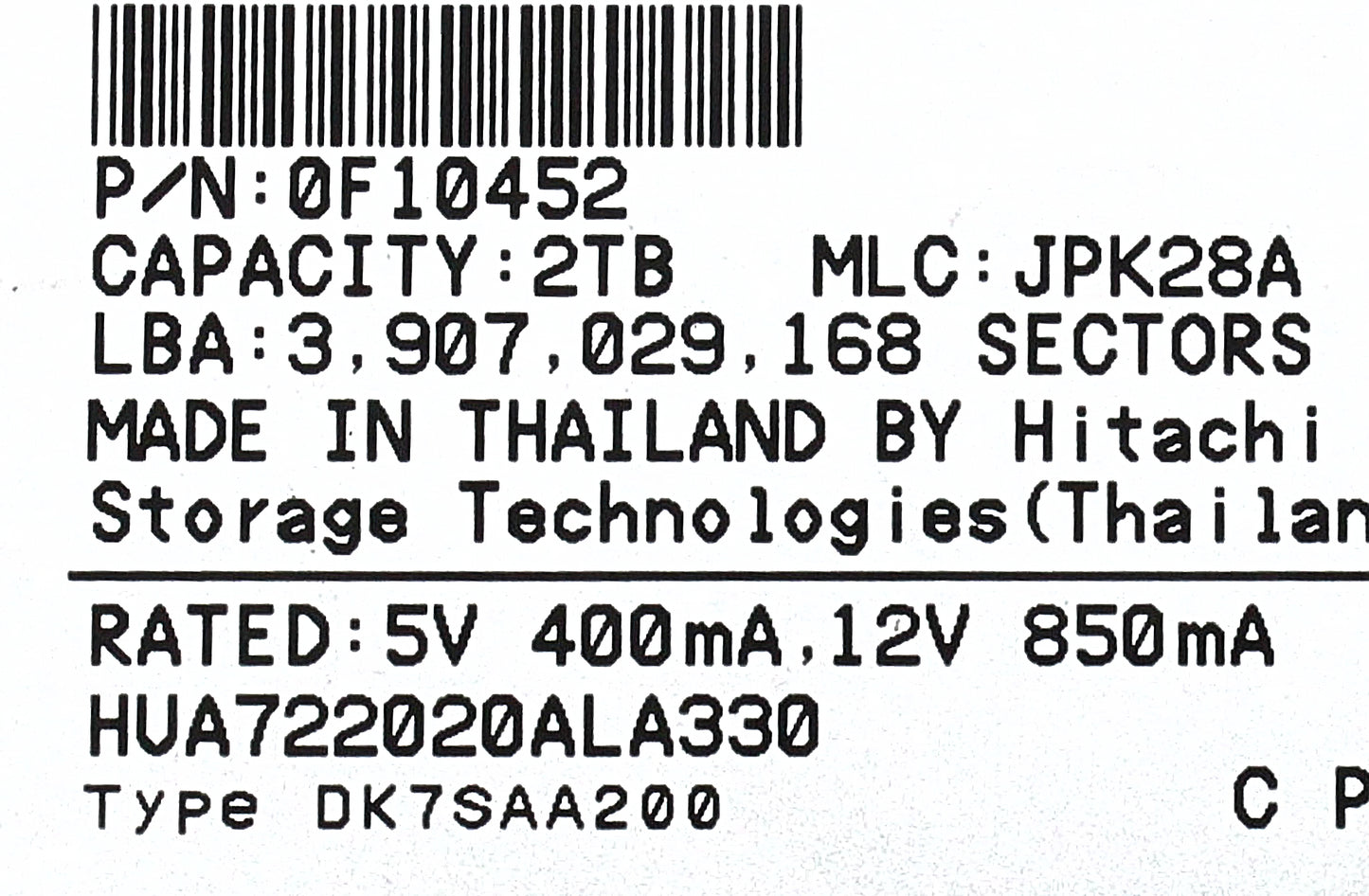 Hitachi 0F10452 2TB 7.2K SATA 3.5 3G DATADOMAIN, Used