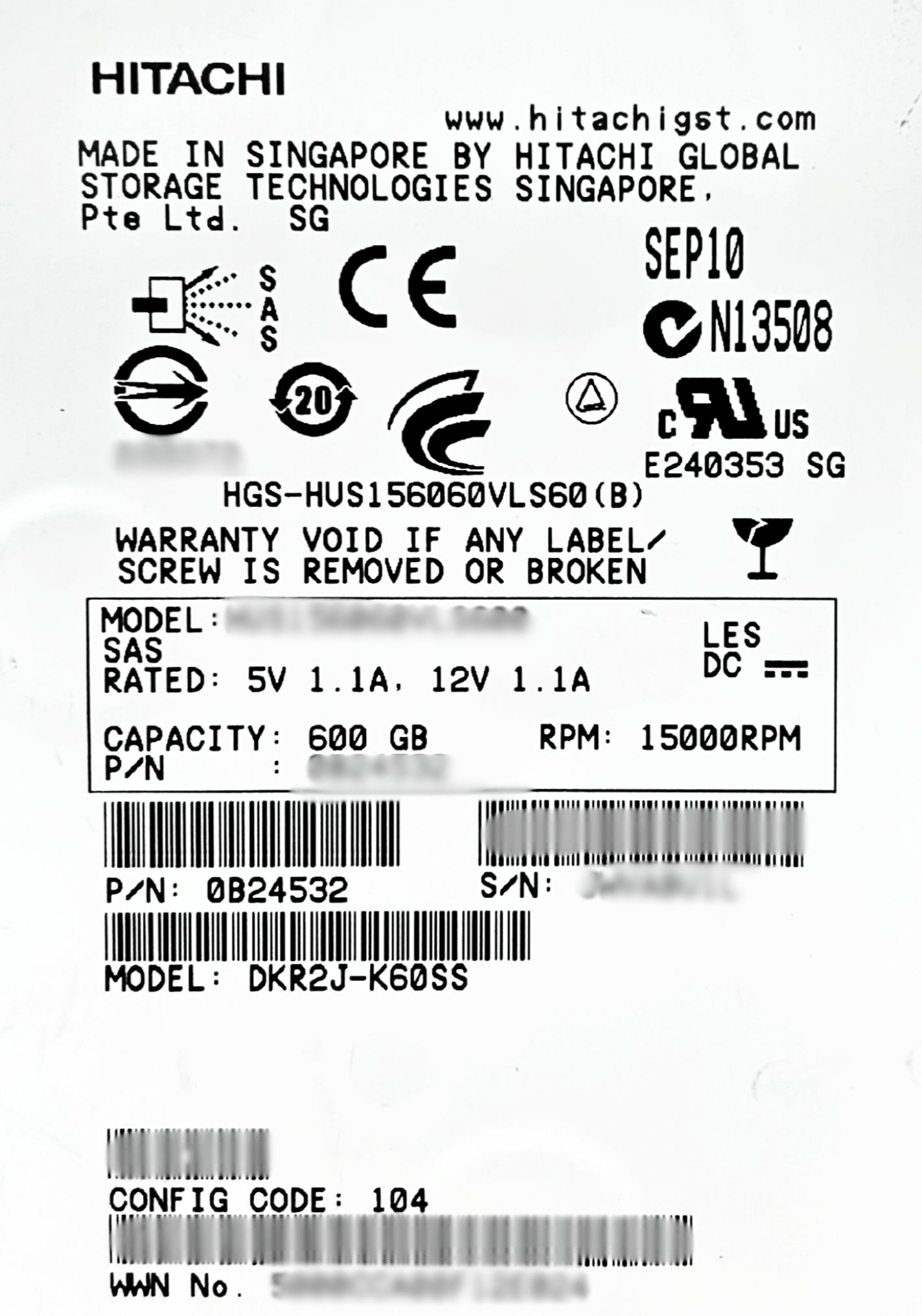 Hitachi DKR2J-K600SS 600GB 15K SAS 3.5 6G AMS2X00, Used