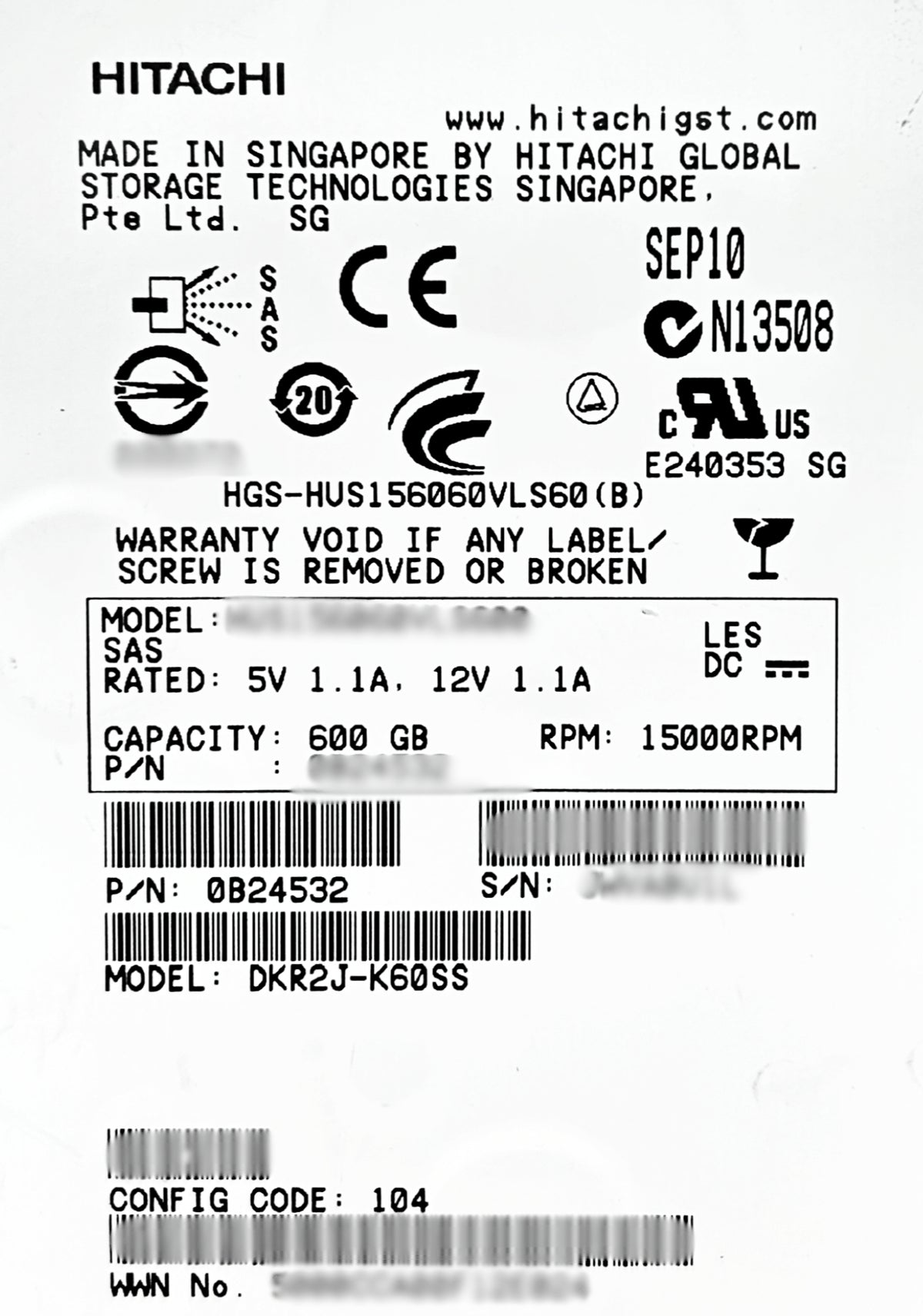 Hitachi DKR2J-K600SS 600GB 15K SAS 3.5 6G AMS2X00, Used