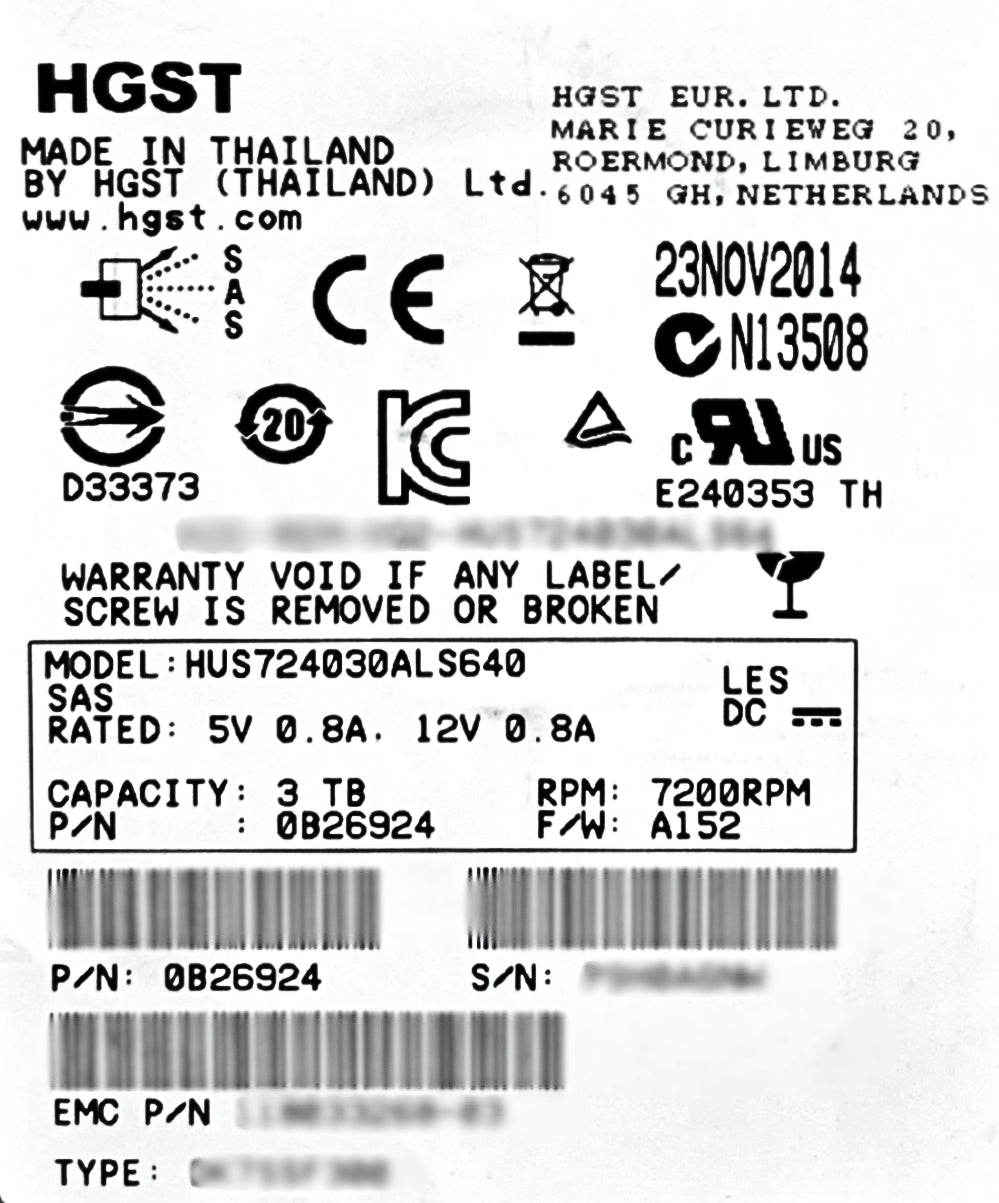 Hitachi HUS724030ALS640 3TB 7.2K SAS 3.5 6G 0B26904 EP+, Used