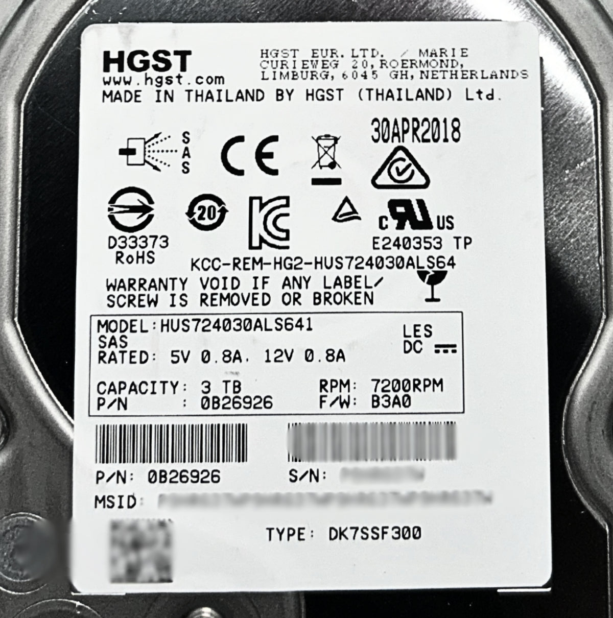 Hitachi HUS724030ALS641 3TB 7.2K SAS 3.5 6G 0B26926, Used