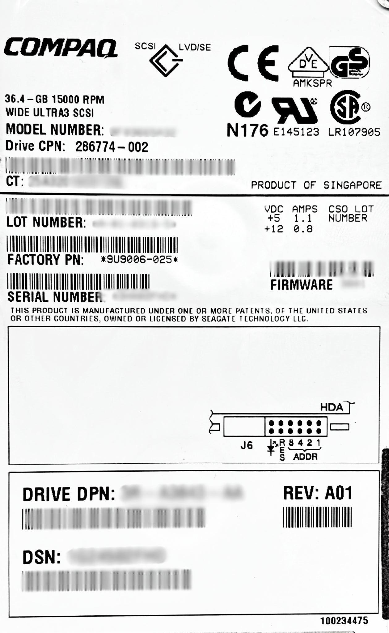 HP 286774-002 36.4GB 15K U3 SCSI, Used