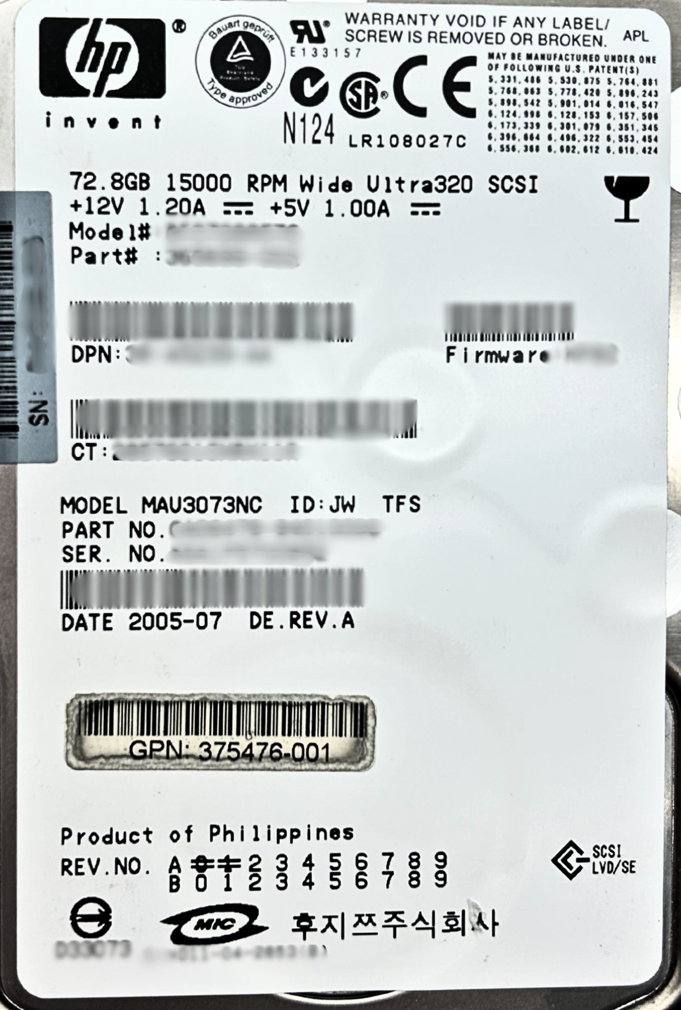 HP 375476-001 72.8GB 15K RPM Ultra320 SCSI LFF 3.5" Hard Disk Drive 375476-001 360209-004, Used