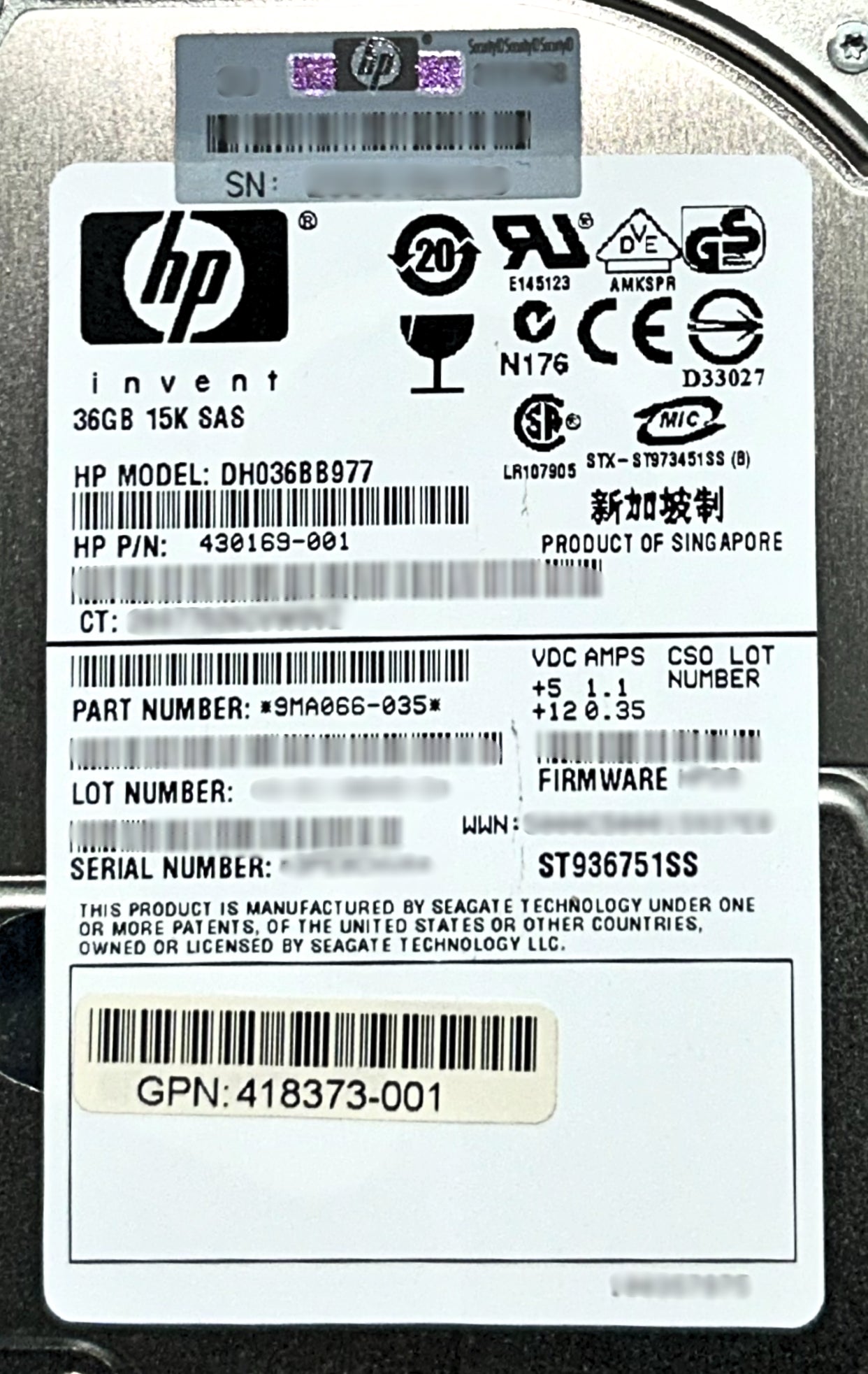 HP 418397-001 36GB 15K SAS 2.5 DP HDD, Used