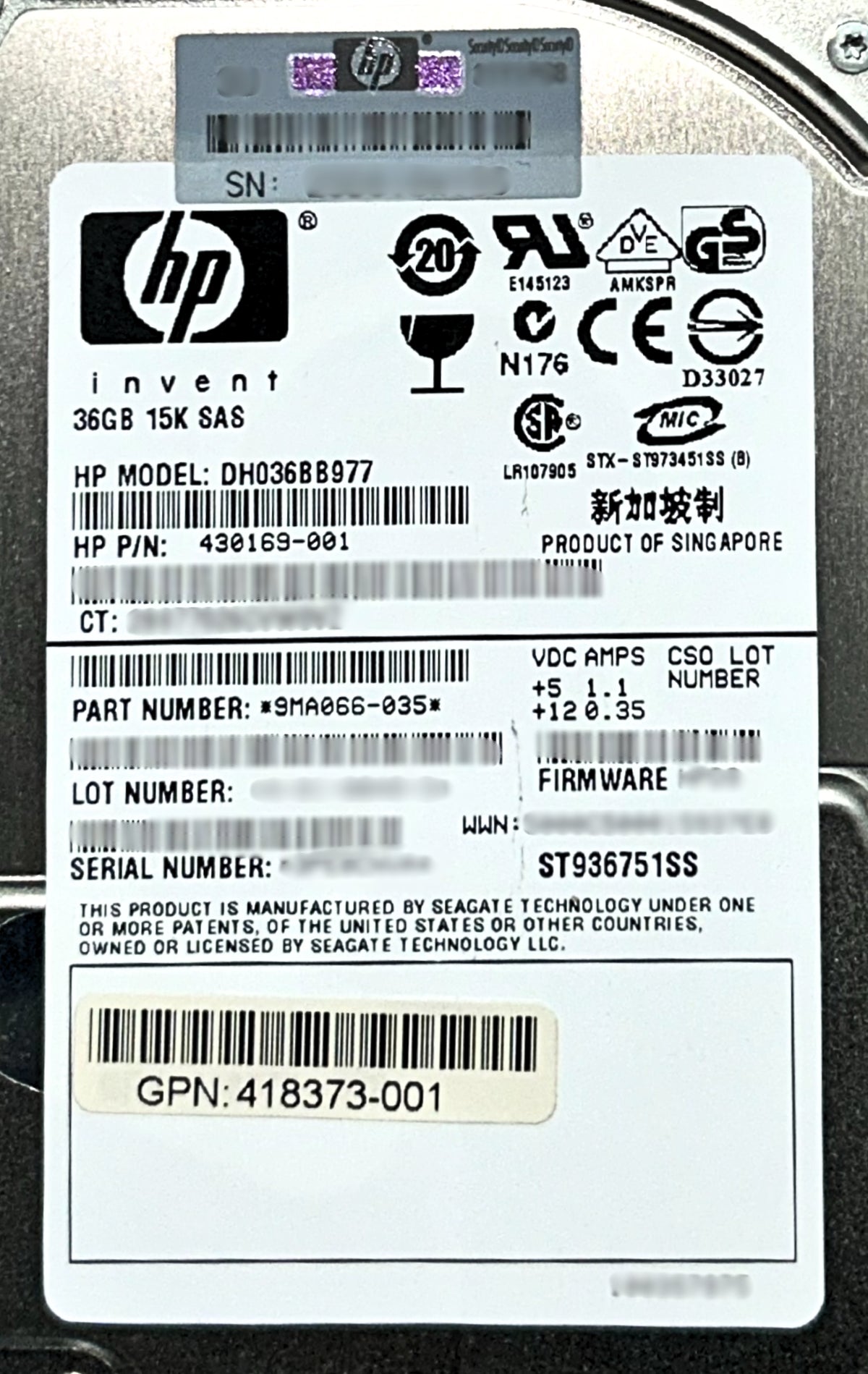 HP 418397-001 36GB 15K SAS 2.5 DP HDD, Used