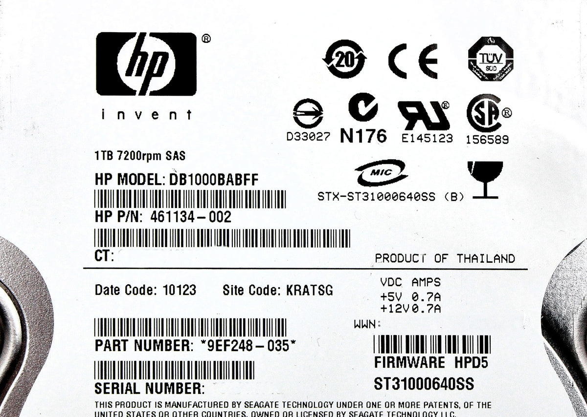 HP 461134-002 1TB 7.2K 3.5" DP SAS MDL HDD, Used