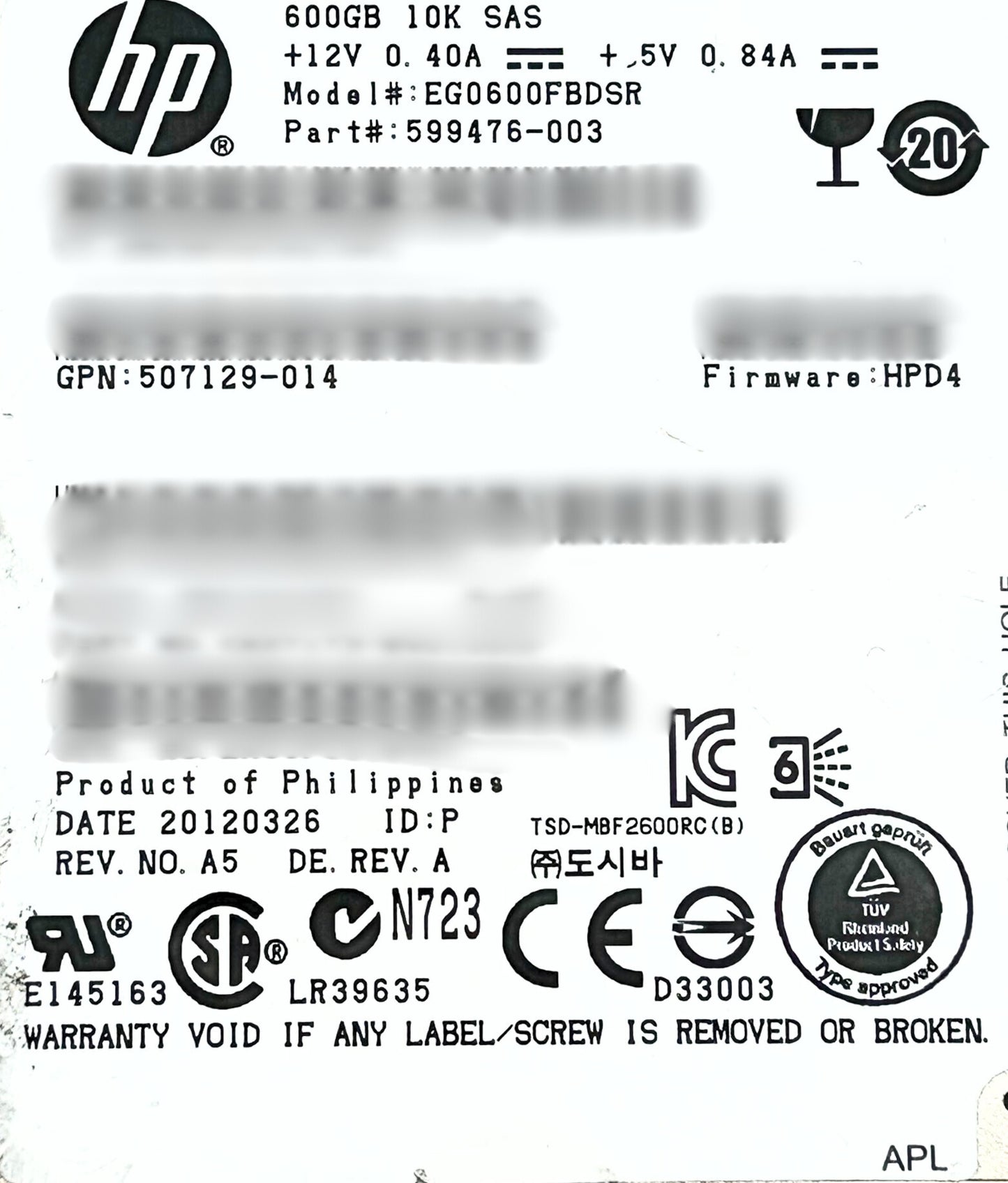 HP 507129-014 600GB SAS 6G 10K SFF DP HDD Hard Disk Drive 2.5 Inch, Used