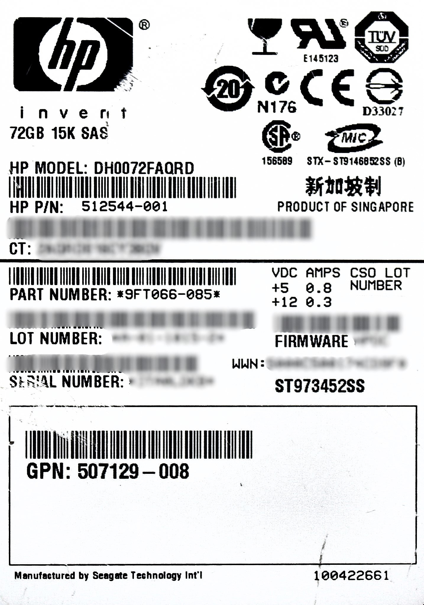 HP 512544-001 HP 72GB 15K DP 6G SAS HDD, Used