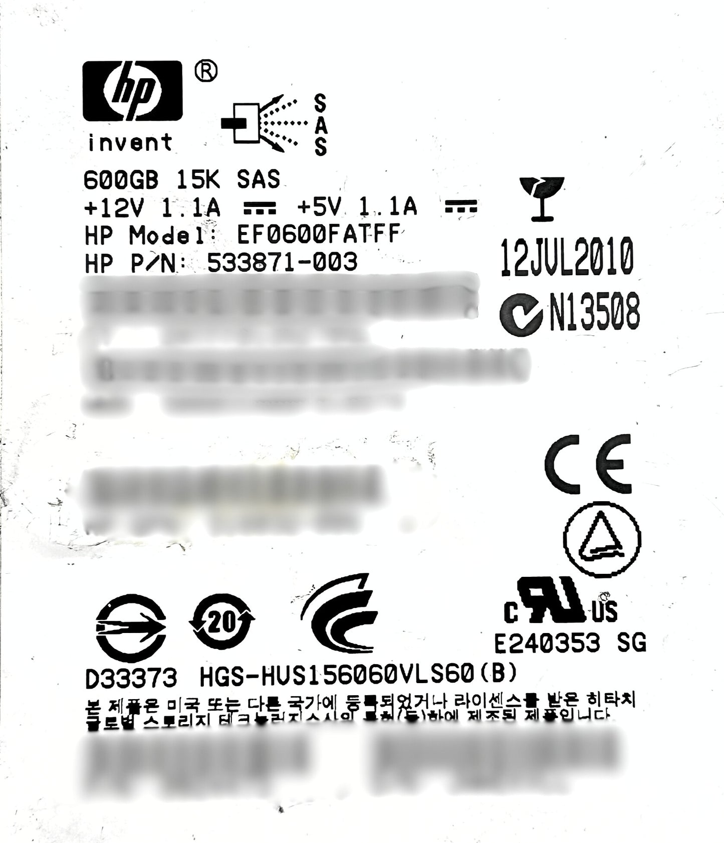 HP 533871-003 600GB G6 SAS 15K 3.5 Inch LFF DP HDD, Used